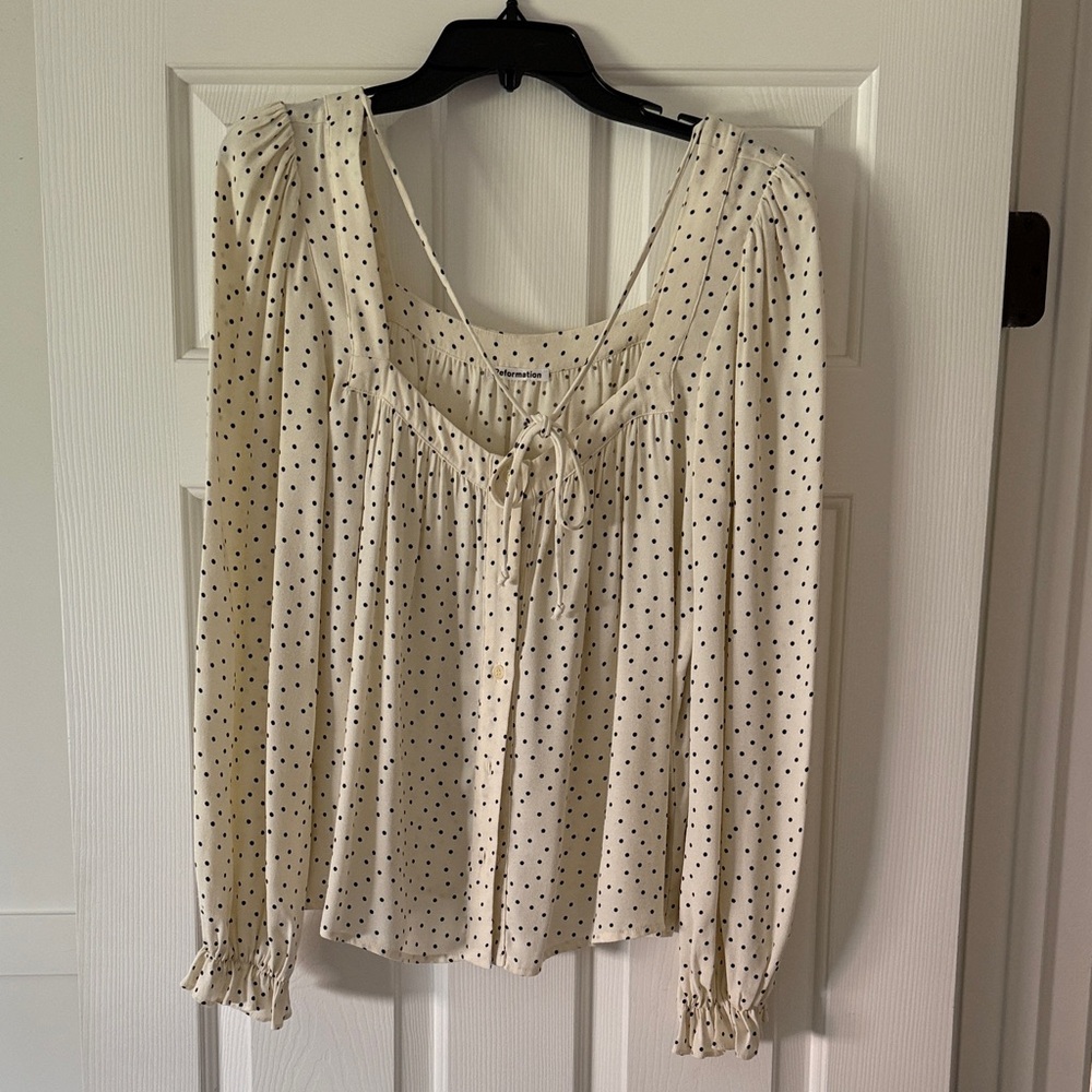 Reformation Cream Blouse with Black Dots